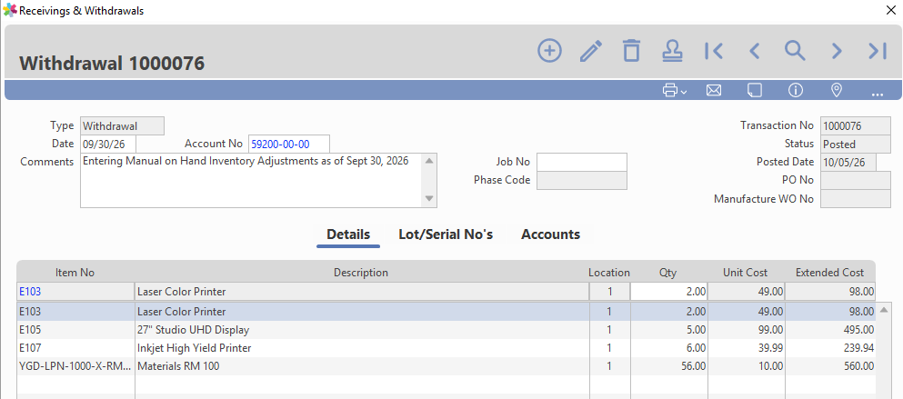 Receivings and Withdrawals window for manual inventory adjustments