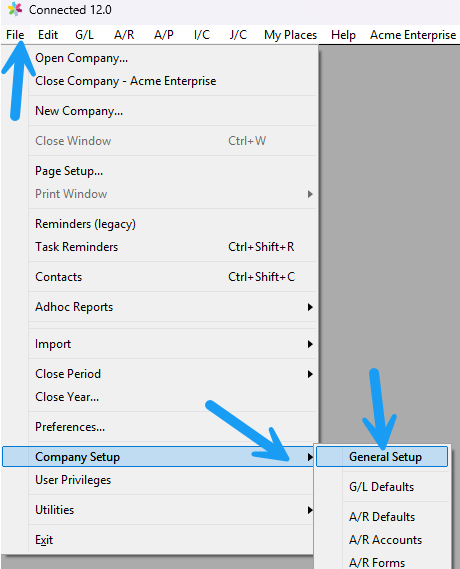 File menu showing Company Setup and General Setup