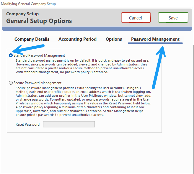 Password Management tab showing the current setting