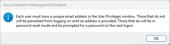 OK message regarding unique email addresses for each user