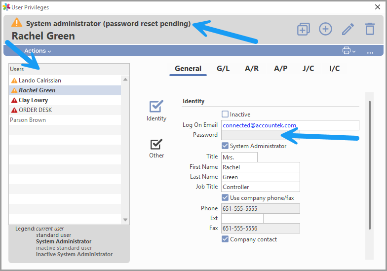 User Privileges window immediately after Secure passwords are enabled