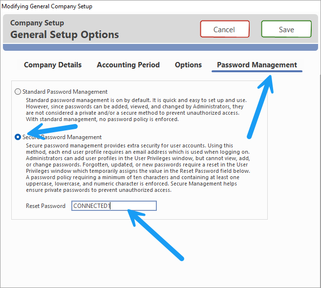 Reset Password entry shown when enabling Secure Password Management