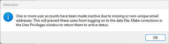 Message indicating accounts without an email address were made inactive