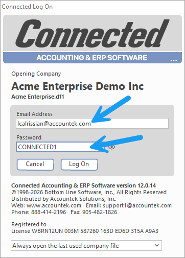 Connected Log On window with the Email Address and Password fields