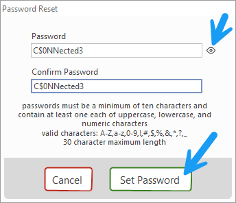 Password Reset window with Password and Confirm Password fields