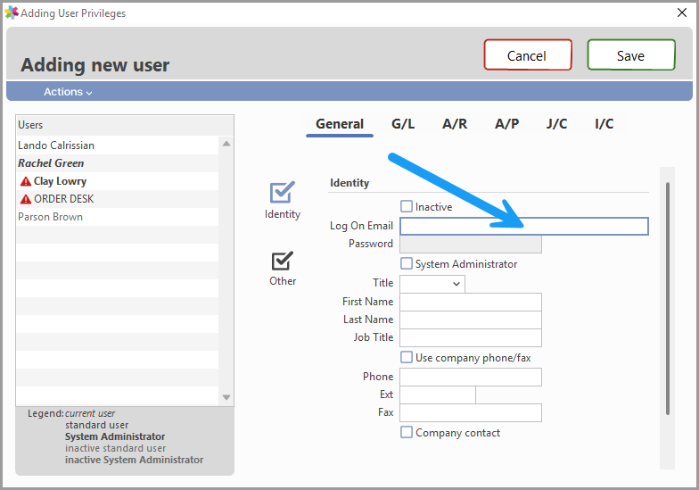 User Privileges window with a blank Log On Email field after clicking Add