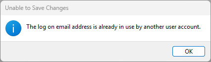 Message shown when the email address entered is not unique
