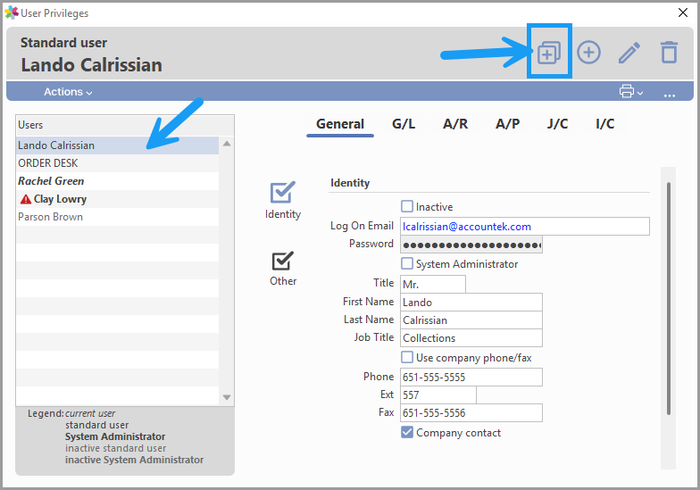 User Privileges window with a user highlighted and the Clone button