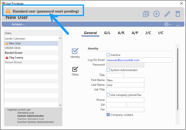 User Privileges window showing the newly cloned user
