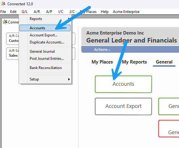 G/L menu with the Accounts option