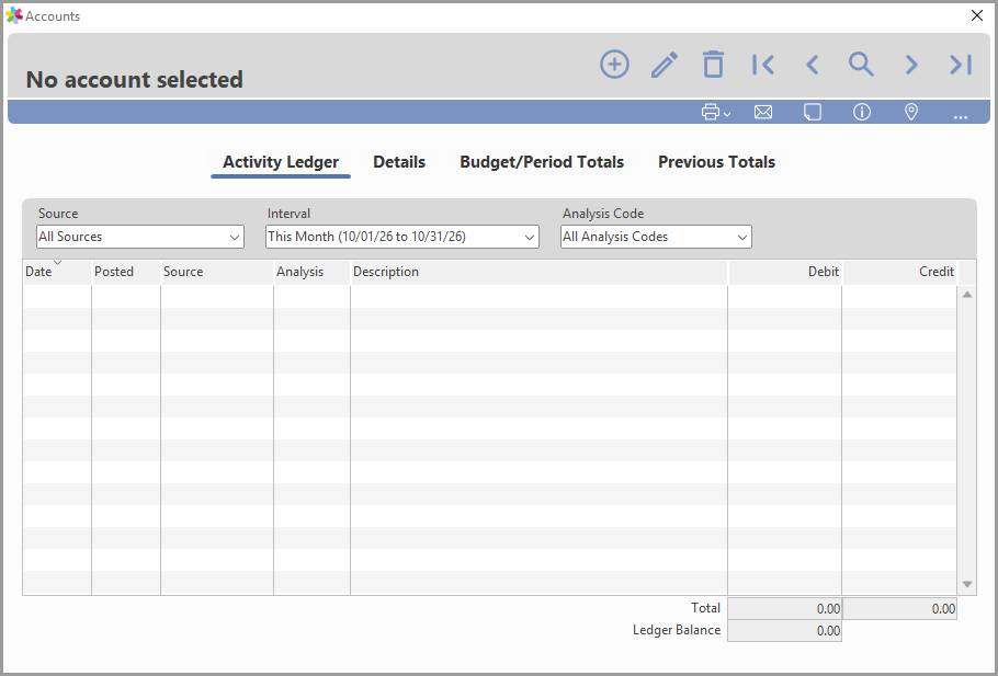 Blank Accounts window showing the Activity Ledger tab