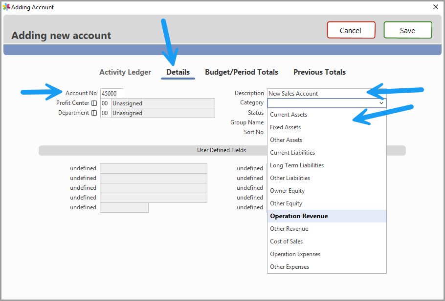 Accounts window on the Details tab after clicking Add