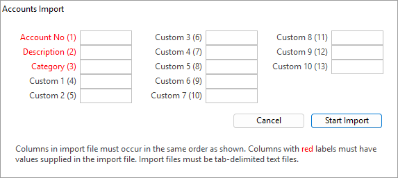 Accounts Import screen with the essential fields shown in red labels
