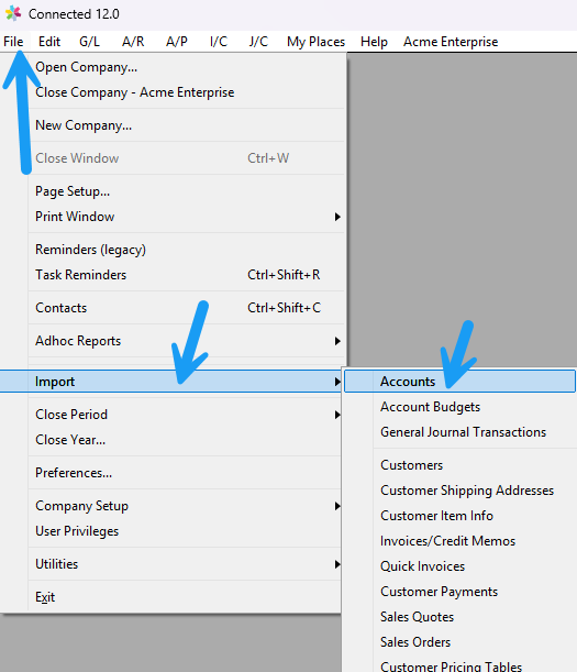 Accounts Import window with the Start Import button