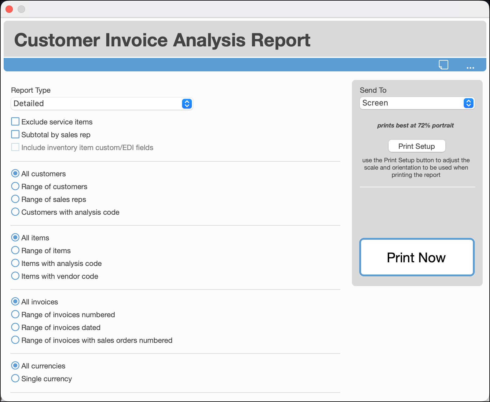 Customer Invoice Analysis report window showing the report type, customer, item, invoice, and currency filter options