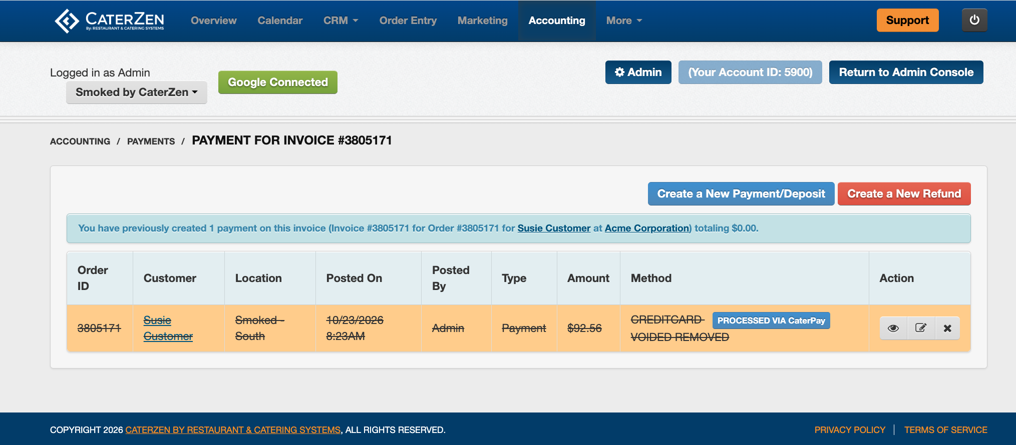 Payment list showing the crossed-out payment marked VOIDED REMOVED