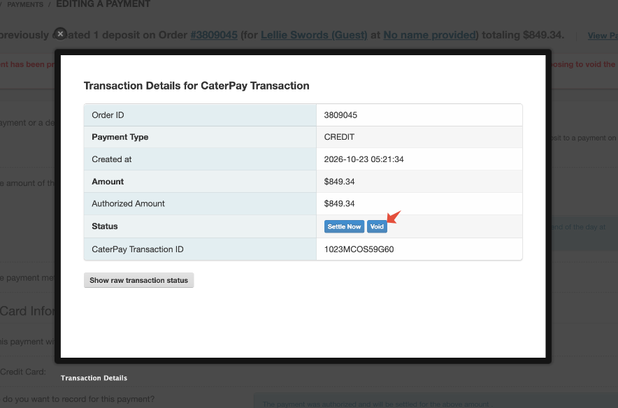 Pending authorization showing Settle Now and Void