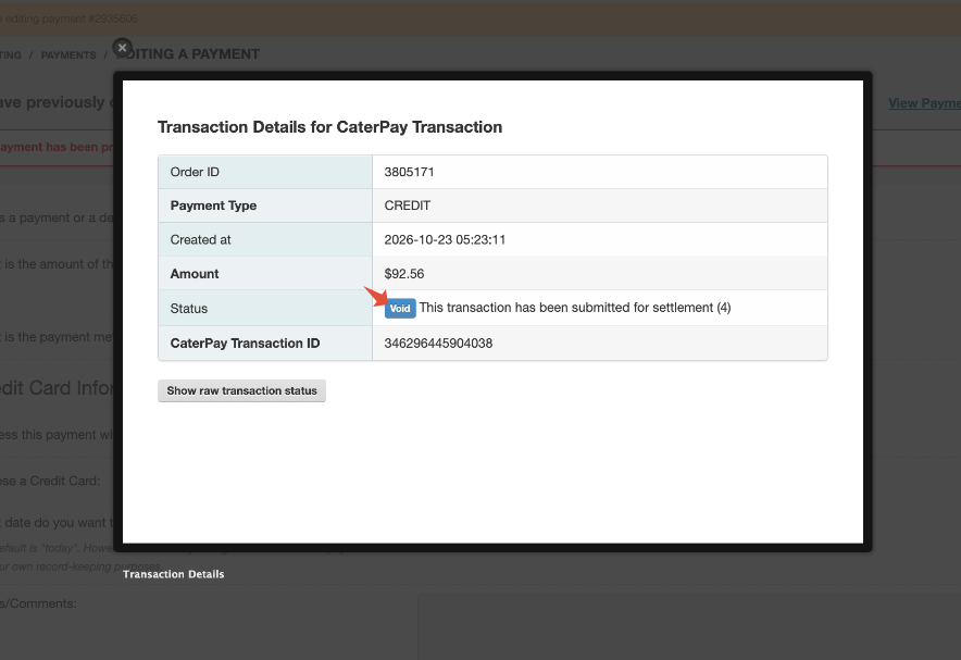 Transaction submitted for settlement showing the Void button