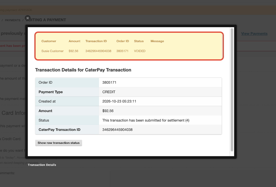 Transaction confirmation showing VOIDED