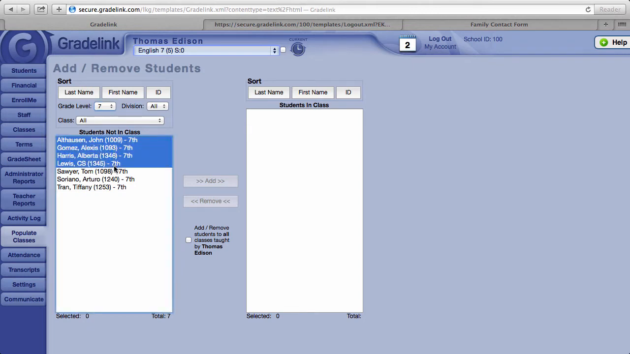 The Add / Remove Students page with English 7 selected, Grade Level filtered to 7, four students highlighted in Students Not In Class, and the Add button