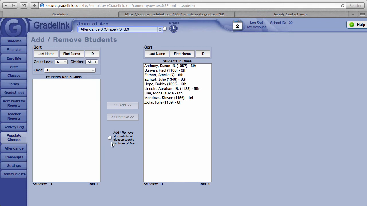 Attendance 6 (Chapel) taught by Joan of Arc selected, with the checkbox Add / Remove students to all classes taught by Joan of Arc between the two lists