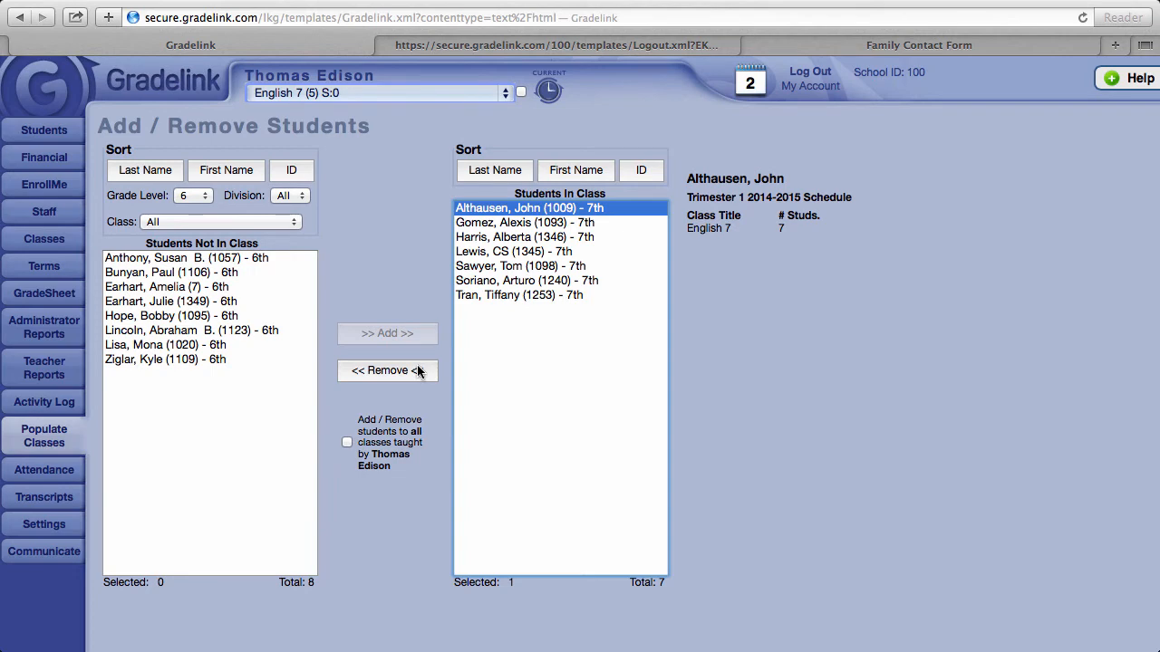 Althausen, John highlighted in the Students In Class list and the Remove button