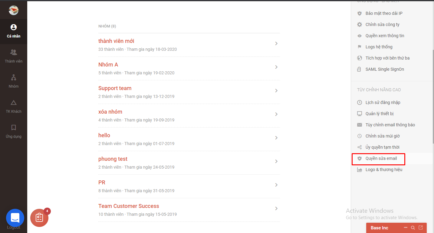 Base Account Cách Owner phân quyền thay đổi email tài khoản Base.vn