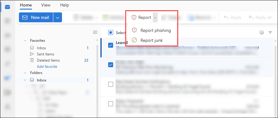 An image depicting where the ‘Report’ button is located in the Outlook web app.