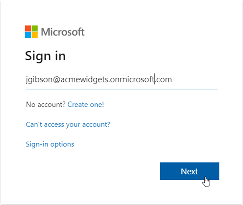 Microsoft Sign in with email address and Next button