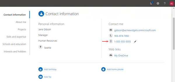 Contact information with contact me section containing email address and phone numbers