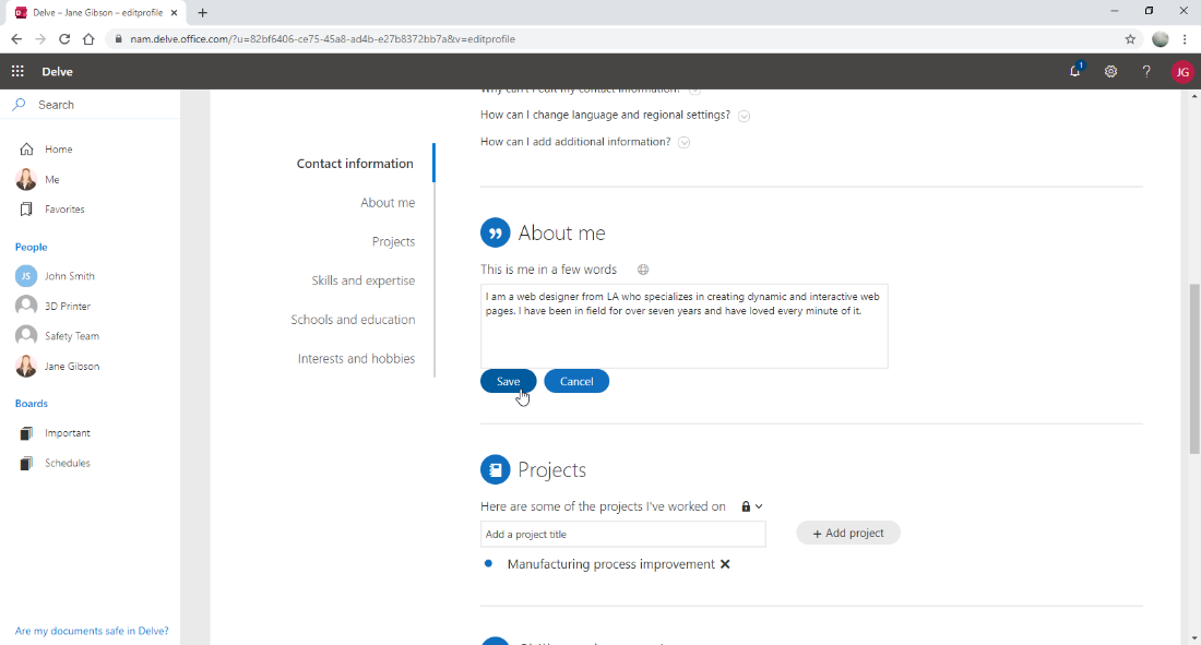 About me section in contact information with save button
