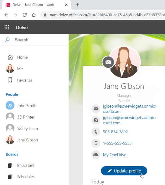 Microsoft Office profile using Delve with update profile button