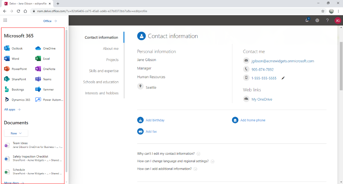Microsoft 365 apps and documents in a left panel