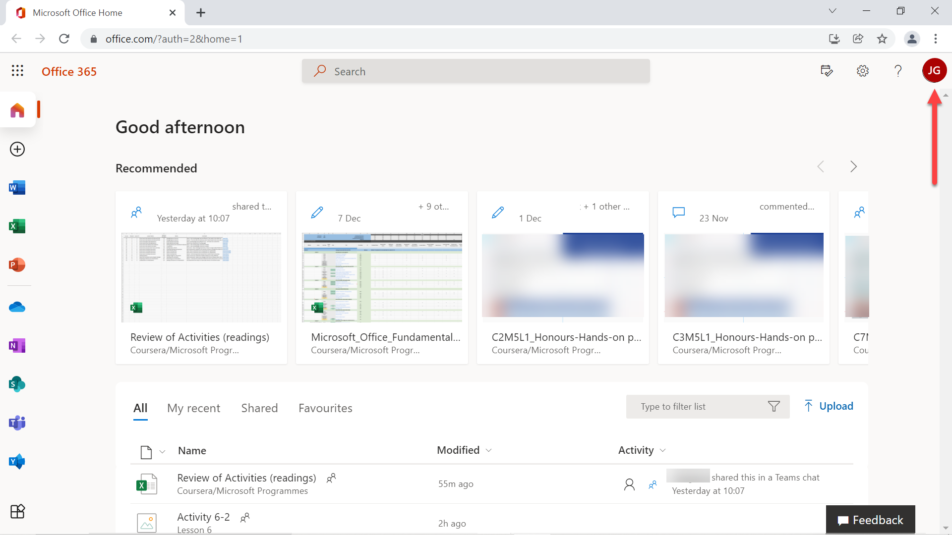 Office 365 landing page with the User Account icon highlighted.