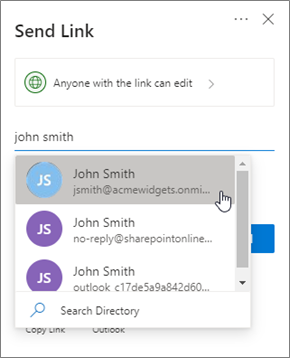 Send Link dialog window open filed with a team member's, name was selected