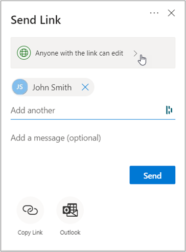 Send link dialog window open, Selected the link "Anyone with the link can edit"
