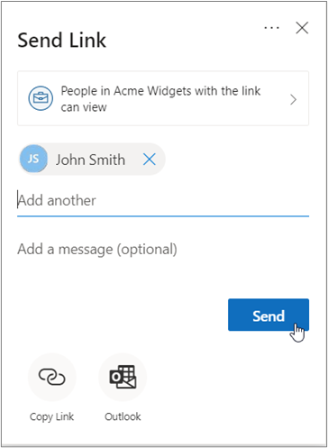 Send link dialog window open Send button clicked