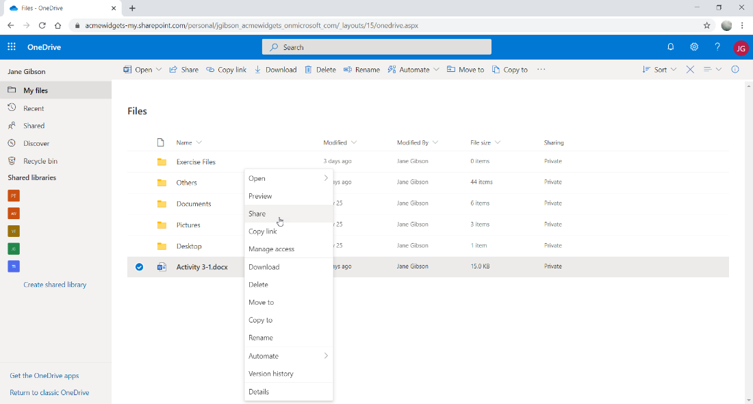 OneDrive dialog window open, right-clicked in the activity 3-1, Share option selected