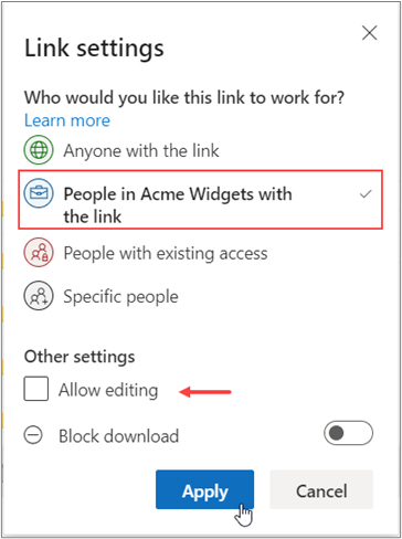 Link Settings window open, "People n Acme Widgets with the link" option selected, Allow editing select, Apply option clicked