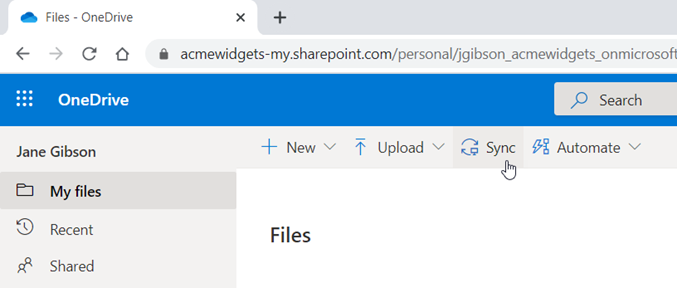 OneDrive dialog window open, Sync button the the top bar selected