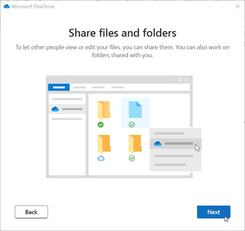 Share files and folders window open with Next button clicked