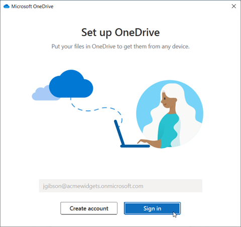 Microsoft OneDrive Dialog window open, with the Sign in option selected