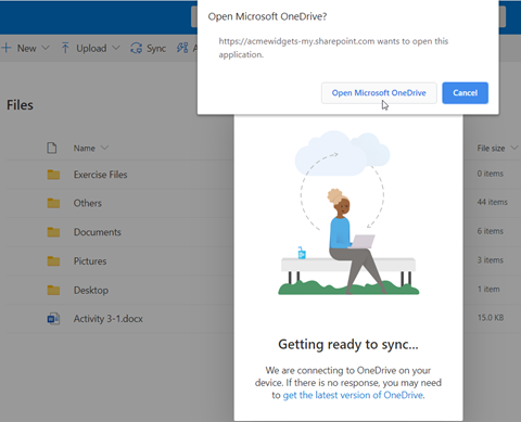 A notification popped-up "open the Microsoft OneDrive?", Open Microsoft One Drive was selected