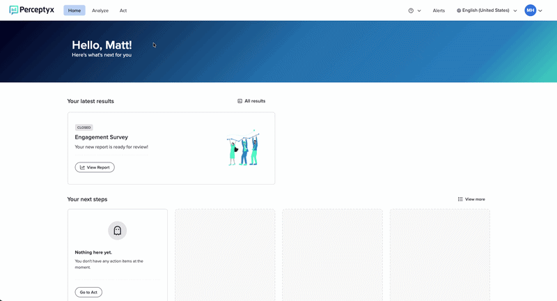 Navigating from the Perceptyx home page into a survey report and opening AI Insights