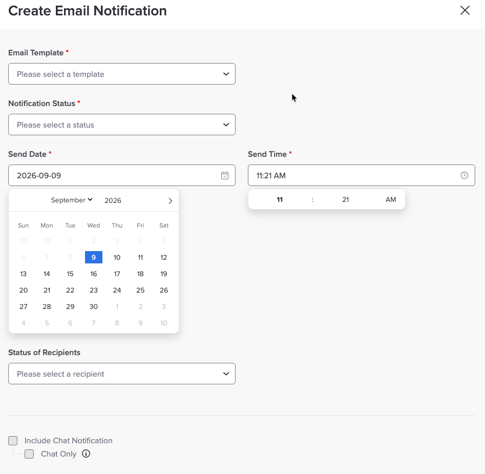 The Create Email Notification dialog box, showing the Email Template, Notification Status, Send Date and Time, and Status of Recipients fields, with the Include Chat Notification and Chat Only check boxes at the bottom