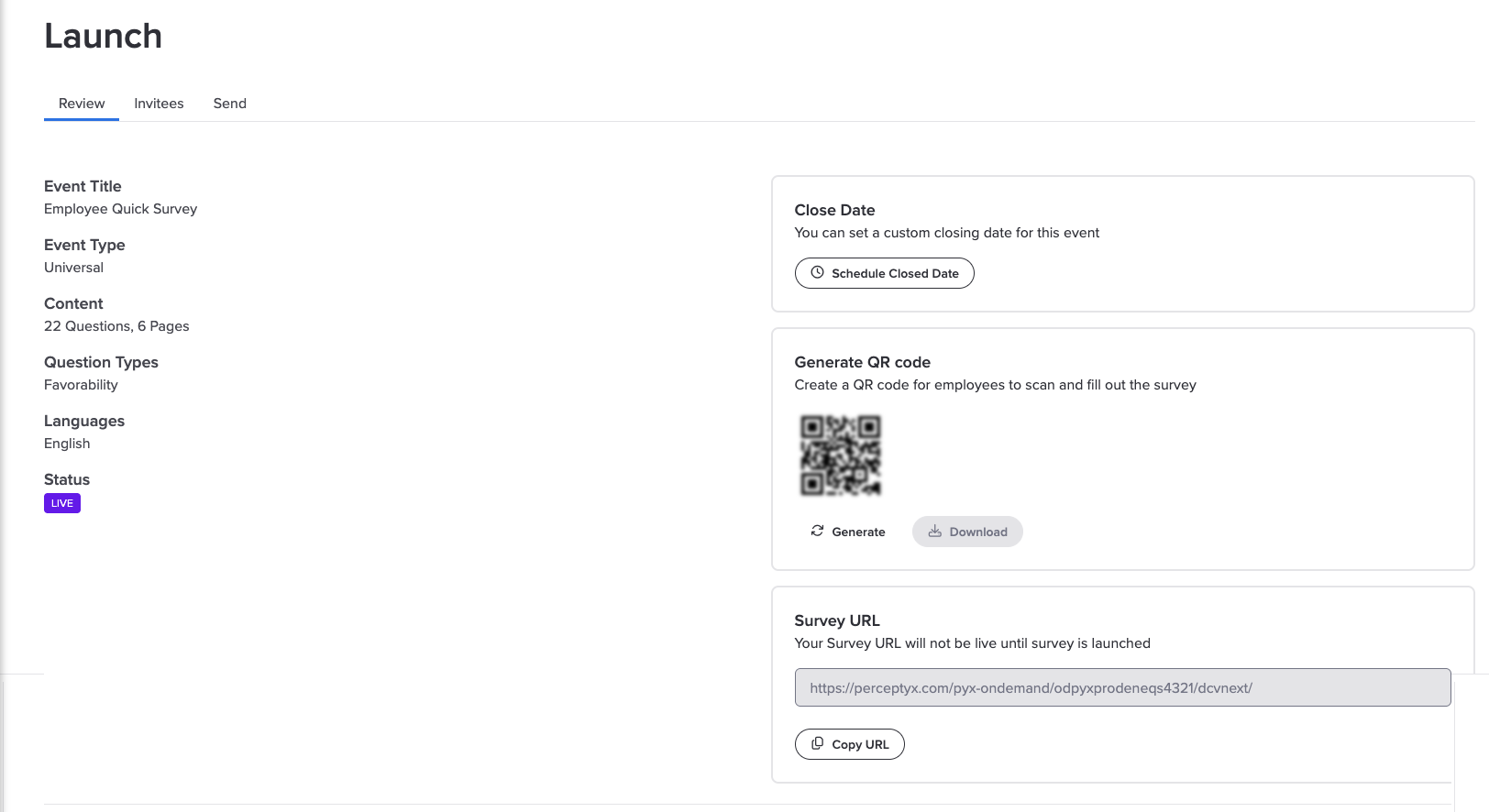 The Launch page for a PIN page event, showing the Generate QR Code and Survey URL sections