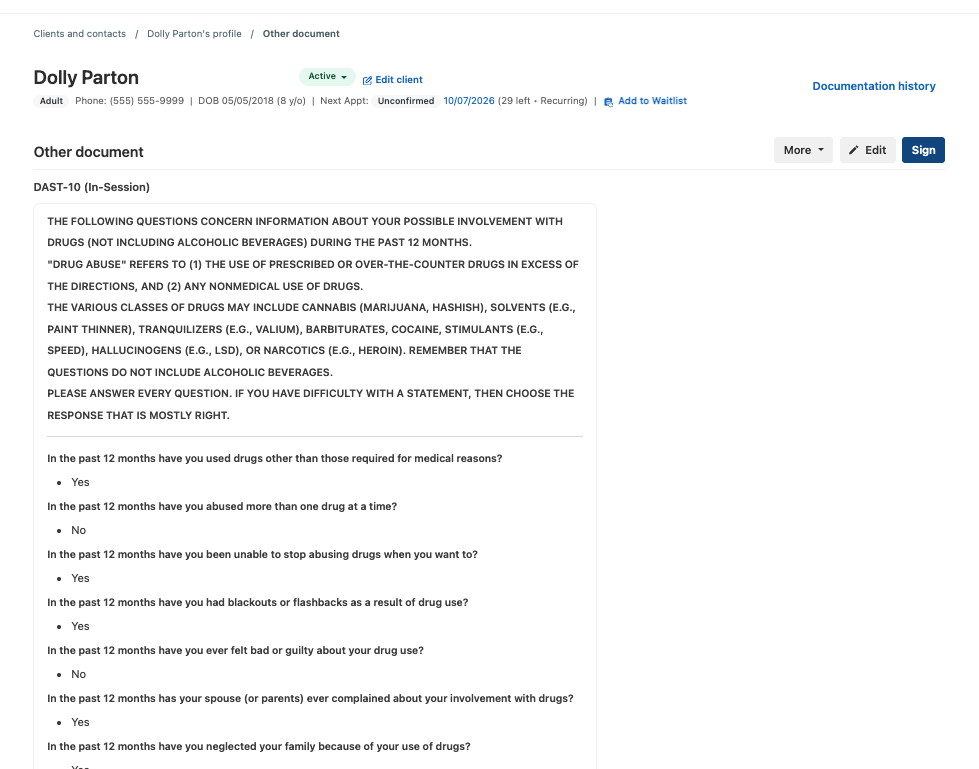 Completed Other document assessment with Sign button in the upper-right corner