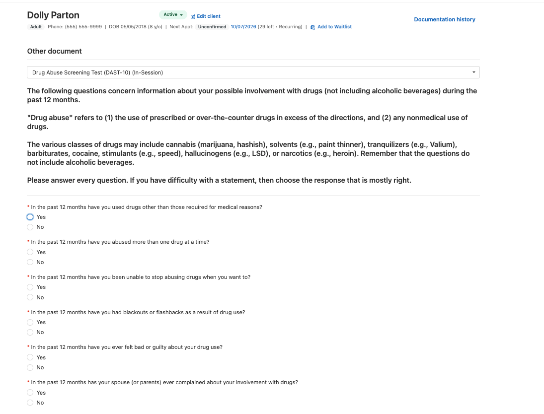 DAST-10 in-session template with questions and response fields