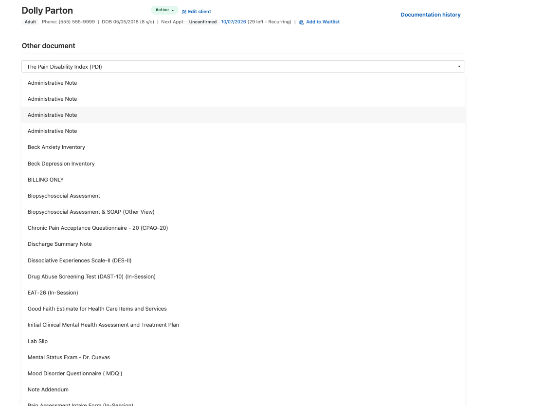 Other document dropdown listing available assessment templates