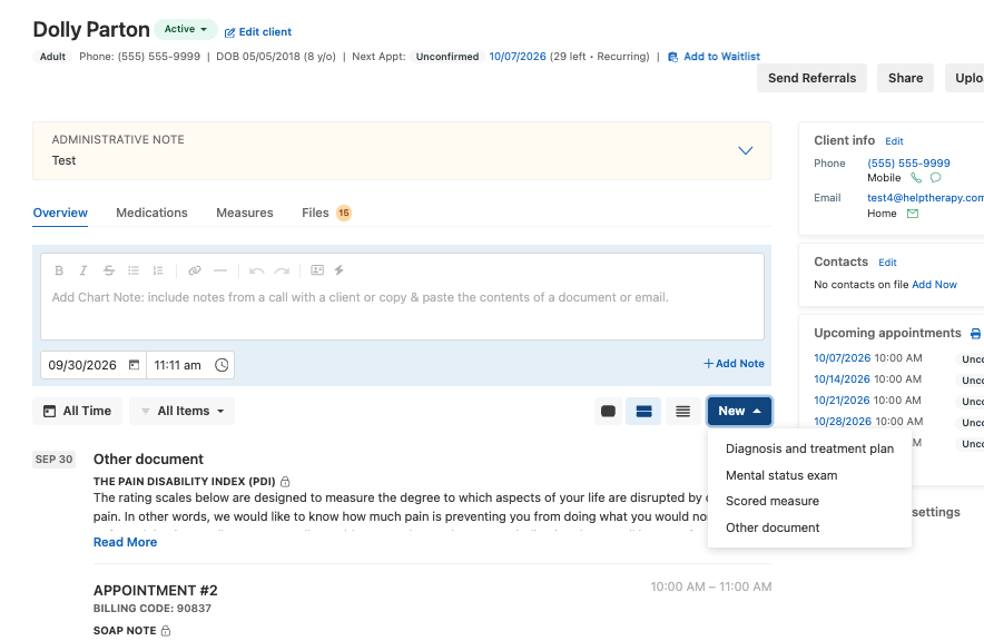 Client chart with New menu showing Scored measure and Other document